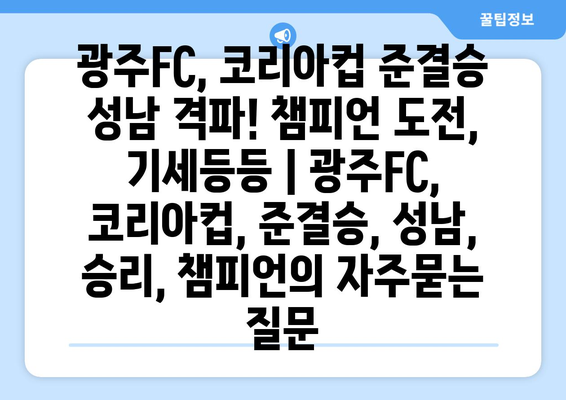 광주FC, 코리아컵 준결승 성남 격파! 챔피언 도전, 기세등등 | 광주FC, 코리아컵, 준결승, 성남, 승리, 챔피언