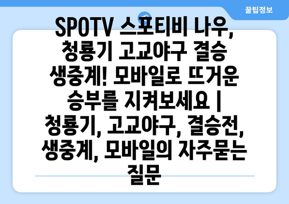 SPOTV 스포티비 나우, 청룡기 고교야구 결승 생중계! 모바일로 뜨거운 승부를 지켜보세요 | 청룡기, 고교야구, 결승전, 생중계, 모바일